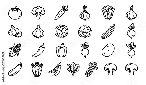 Vegetable Line Icons Set Tomato Broccoli Carrot and Fresh Farm Produce Symbols