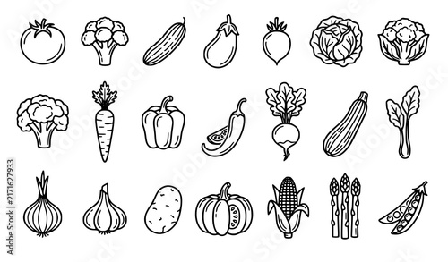 Vegetable Food Line Icons Collection Tomato Broccoli Carrot and Kitchen Ingredients