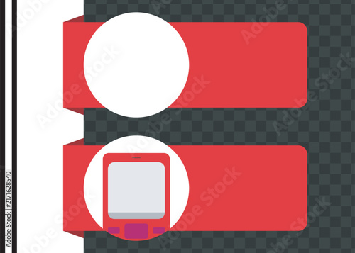 Red web banner ribbons with round badge frames and mobile phone icon for mobile app user interface promotion template.