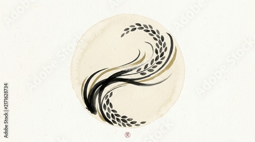 Abstract ink painting of rice stalks in a circular shape with japanese brush style aesthetic for traditional oriental design
