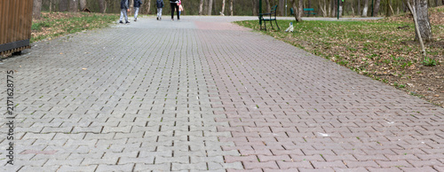 Paved pathway in a park with people enjoying a leisurely walk in the background.
