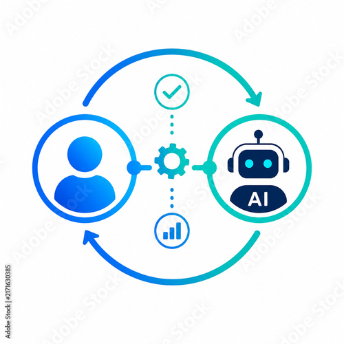 Human and artificial intelligence collaboration icon with connected user profile robot gear analytics symbol and circular arrows representing teamwork automation and intelligent workflow