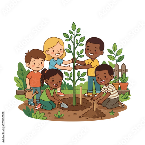 Diverse Children Planting a Tree Together, Community Gardening, Earth Day Illustration