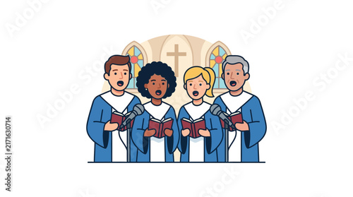Diverse Choir Singing Worship Song with Hymnals and Microphones in Church Setting