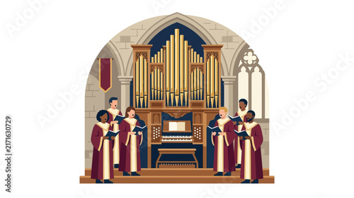 Diverse Choir Sings in Church with Large Pipe Organ, Worship Music Performance