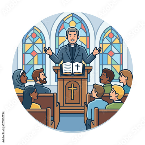 Diverse Congregation Listens to Pastor Preaching in Ornate Church with Stained Glass Windows