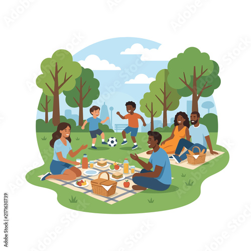 Diverse Family Enjoying a Sunny Picnic in a Park, Playing Soccer, Summer Outdoor Activity, Vector Illustration