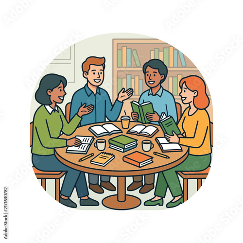 Diverse group of people studying together around a table with books and coffee