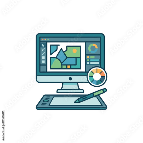 Graphic Design Computer Workspace with Monitor, Drawing Tablet, Stylus, and Color Wheel - Isolated