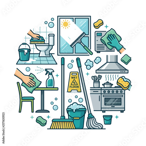 Home Cleaning Tools and Supplies Arranged in Circle on Transparent Background - Housekeeping Concept