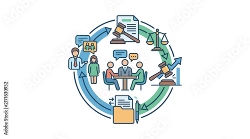 Legal Process Workflow Circle Icon Set Isolated Transparent Background - Law, Justice, Business Meeting, Agreement