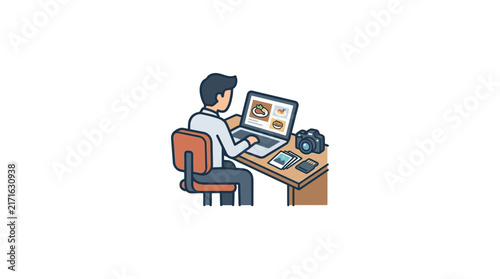 Man working on laptop at desk with camera, editing photos, online content creation, remote work illustration