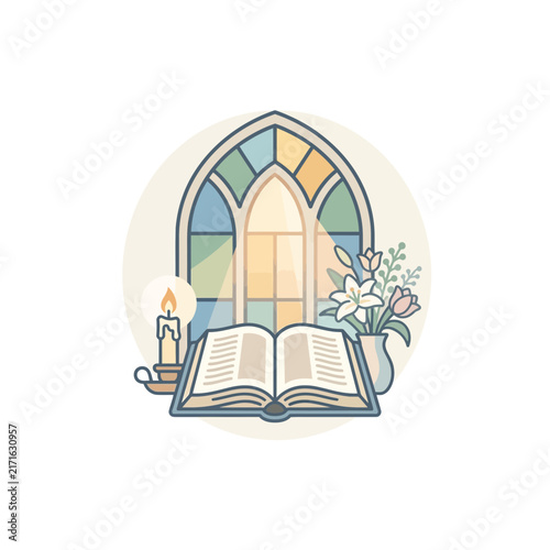 Open Bible, Candle, Flowers, and Stained Glass Window Icon - Religious Symbol