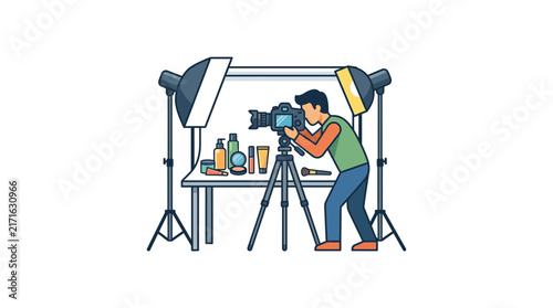 Photographer Capturing Product Shots of Cosmetics on Table with Studio Lighting Setup
