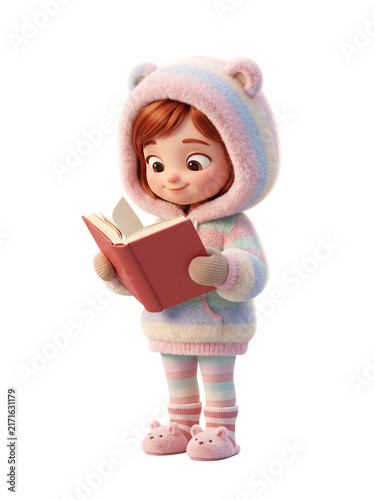 Smiling White Caucasian Girl In A Pastel Hoodie Reading A Storybook