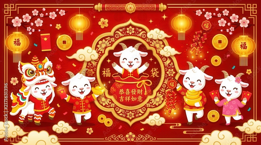 Fototapeta premium Chinese New Year Year of the Goat Illustration with Cute Cartoon Goats, Lion Dance, and Traditional Lucky Symbols on Red