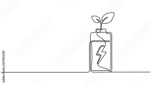 Eco Battery With Lightning And Leaf Continuous Line Animation For Power Solutions, Animation Battery Lightning line continuous pattern. Power up electricity icon template concept. Animation on white.