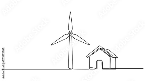 a wind turbine powering a house animation continuous line drawing, Video. Windmill, wind energy, the only one in one continuous line. Wind alternative energy, Minimalist single line drawing of a wind.