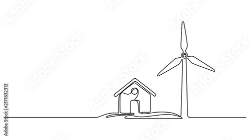 a wind turbine powering a house animation continuous line drawing, Video. Windmill, wind energy, the only one in one continuous line. Wind alternative energy, Minimalist single line drawing of a wind.