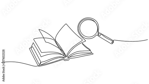 Open Book And Magnifying Glass Self Drawing Animation Study, Animation of single continuous line drawing magnifying glass over an open book, Scientific research in language. National Grammar Day. Full