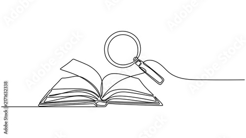 Open Book And Magnifying Glass Self Drawing Animation Study, Animation of single continuous line drawing magnifying glass over an open book, Scientific research in language. National Grammar Day. Full