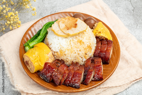 Hong Kong Style Char Siu Pork and Chicken Rice Plate