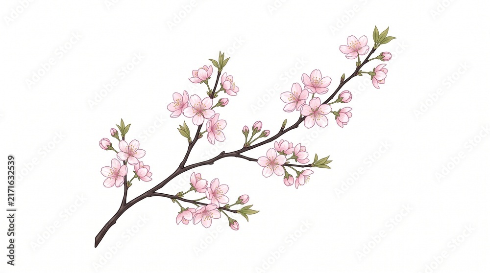 Fototapeta premium Botanical illustration of a cherry blossom branch. Delicate pink 5-petal flowers and buds on a dark brown stem with small green leaves, isolated on white.