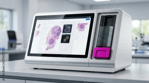 Obraz na płótnie Automated digital microscope for pathology slide analysis with touchscreen interface.