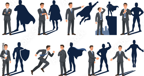 Bild auf Leinwand Businessman with Superhero Shadow Vector Character Set Showing Confident Male Co