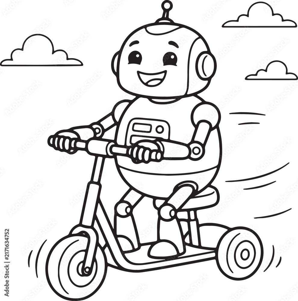 Fototapeta premium Happy cartoon boy riding bicycle, smiling, sunny day smile