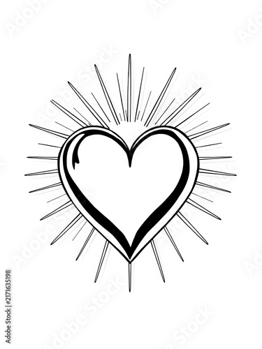 Beautiful Love Heart Shape with Radiating Sunburst Rays Black and White Outline Line Art Drawing Illustration, love symbol, sunburst design