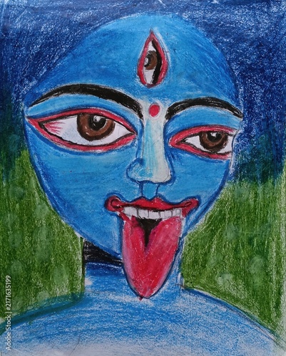 Canvastavla Painting of hindu goddess kali with blue face and tongue out