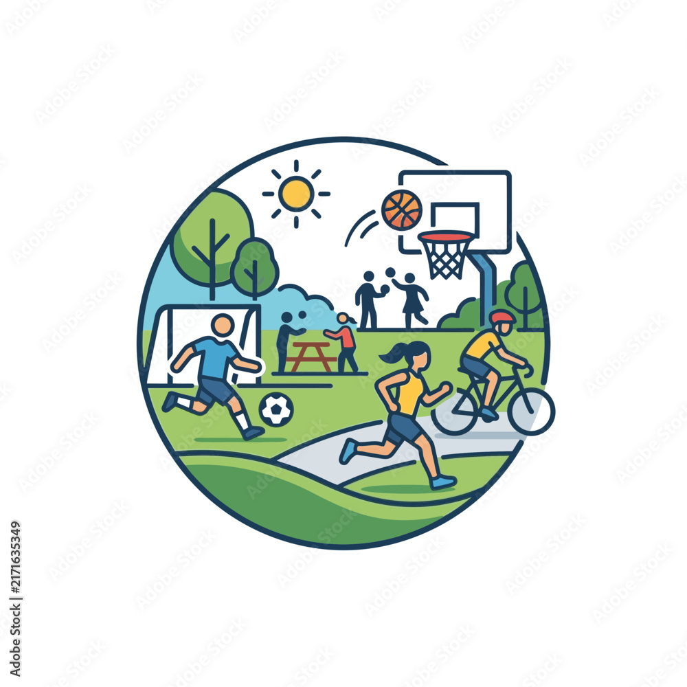 Naklejka premium Active Lifestyle Park Scene: People playing soccer, basketball, running, and cycling in a sunny park, isolated on transparent background.