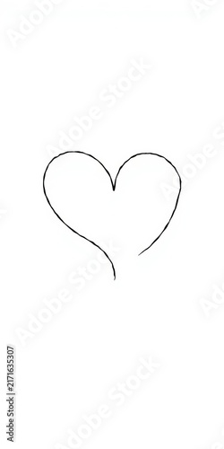 Continuous heart outline in black ink on pure white background, graphic, love