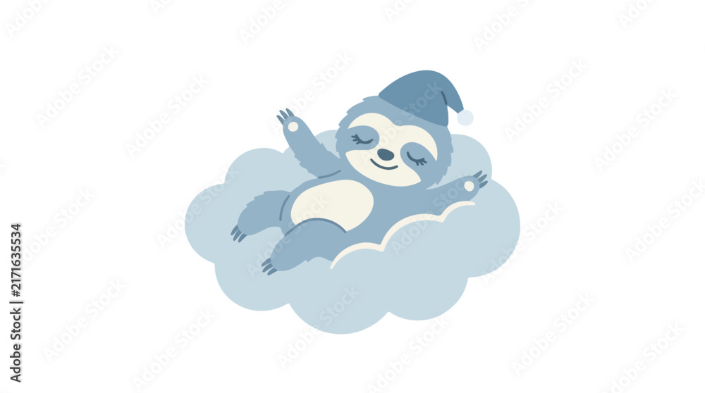 Naklejka premium A cute blue sloth wearing a nightcap sleeps peacefully while lying on a fluffy cloud in this charming vector illustration.