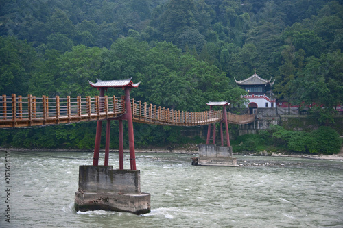 Traditional Wooden Suspension Bridge at Dujiangyan, Sichuan, China