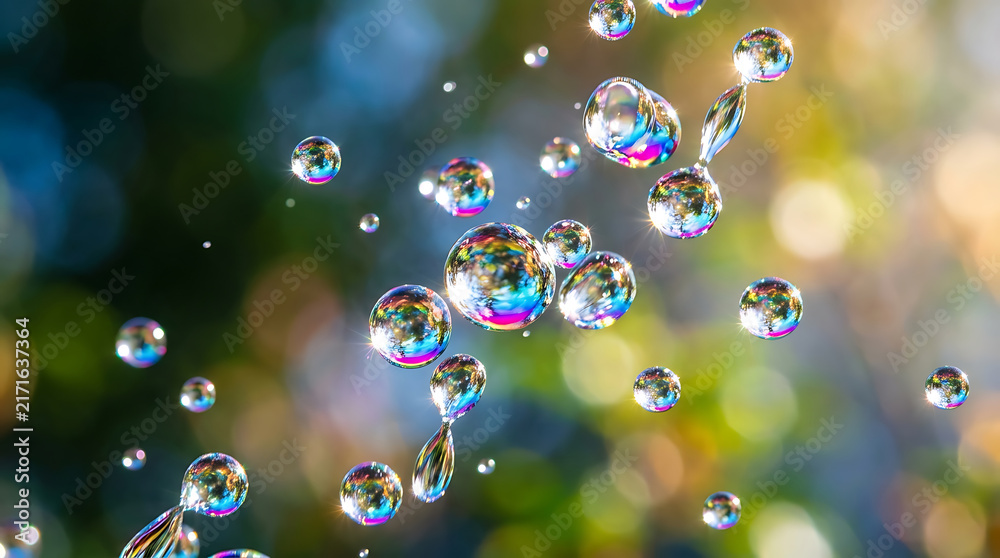 Obraz premium Abstract Macro Shot of Iridescent Water Droplets Floating in Air with Colorful Bokeh Background