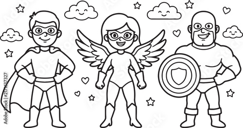 Three cheerful cartoon characters holding stars and hearts smile