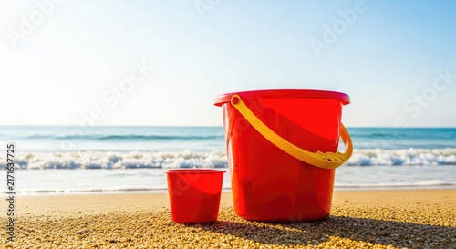 A bright plastic bucket and a matching small cup sit on the golden sand near the calm ocean waves during a sunny summer vacation day, wave, blue, sea