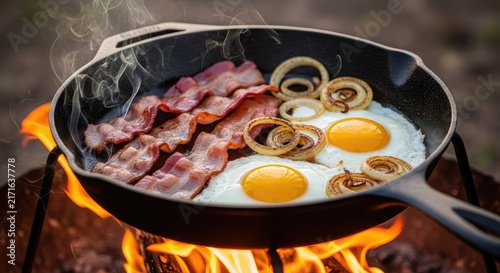 A cast iron skillet sits over a glowing campfire, filled with sizzling bacon strips, sunny-side up eggs, and sliced onions in the morning, cast iron, coals, onions