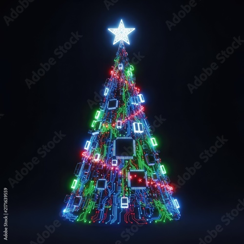 A futuristic digital Christmas tree composed of luminous circuit board traces and glowing electronic components set against a dark backdrop, connection, virtual, celebration