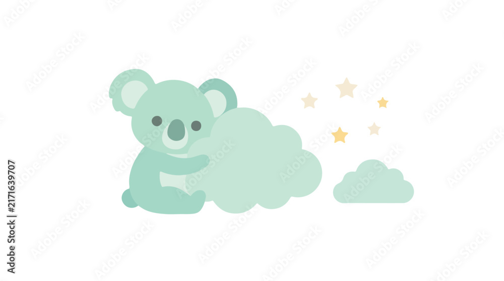 Fototapeta premium A cute mint green cartoon koala hugs a fluffy cloud surrounded by small stars in a minimal vector illustration.
