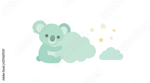 Photography A cute mint green cartoon koala hugs a fluffy cloud surrounded by small stars in a minimal vector illustration