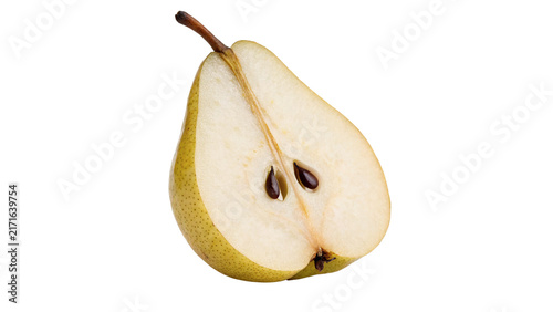 Bild auf Leinwand Fresh ripe yellow pear half slice with seeds organic fruit isolated on white bac