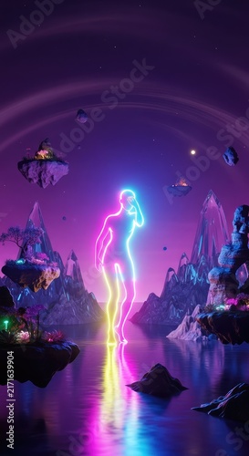 A luminous neon figure burns intensely amidst a surreal landscape of floating islands and crystalline peaks under a deep purple sky, surreal, brightness, atmosphere