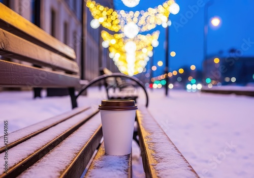 A paper coffee cup rests on a snowy wooden bench under glowing festive lights along a quiet winter city sidewalk at twilight in the evening, seasonal, evening, city