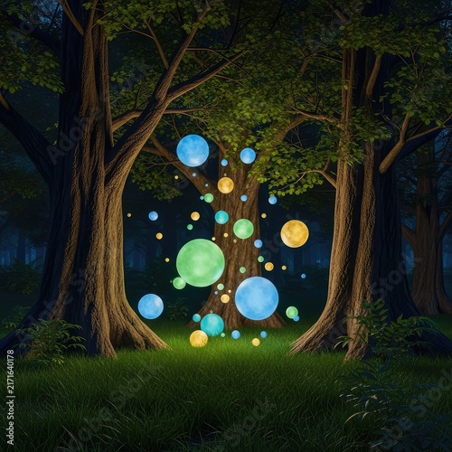 A peaceful forest at night filled with floating luminous orbs drifting between ancient tall trees and soft green grass in a magical glow, growth, flora, grass