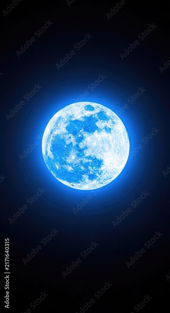 Fototapeta premium A radiant blue moon glows intensely against the dark velvet of a clear midnight sky, casting a mystical light over the peaceful heavens, azure, ethereal, nature