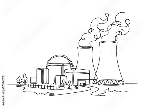 Nuclear power plant drawing with smoke from cooling towers isolated on transparent background, Vector