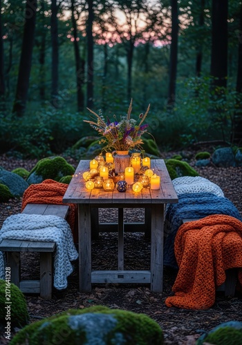 A rustic wooden table is beautifully arranged in a quiet forest clearing at twilight, featuring soft glowing lights and knitted blankets, serene, evening, celebration